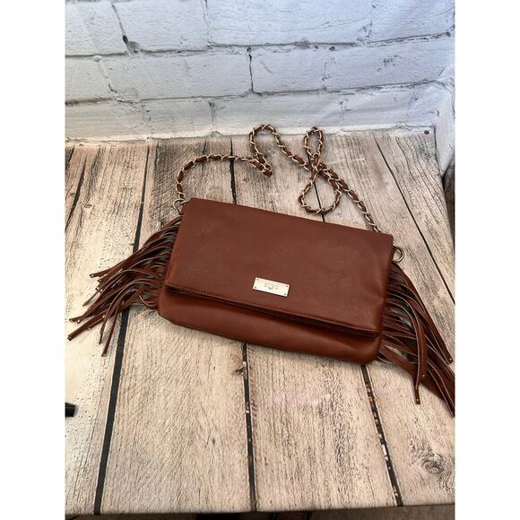 BCBG Women’s Brown Faux Leather Fringe Chain Strap Crossbody Studded Bag - Picture 1 of 8